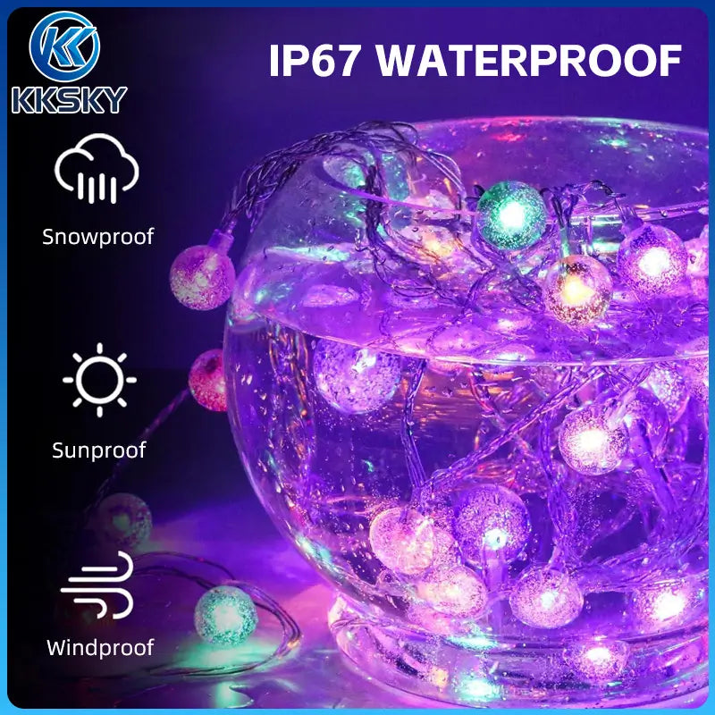 KKSKY IP67 waterproof solar crystal ball string lights,snowproof sunproof windproof outdoor bubble globe solar fairy lights for all weather use