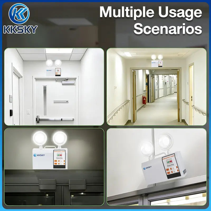 A promotional collage for the KKSky emergency exit light with the text 'Multiple Usage Scenarios.' The image shows four inset photos of the product installed in real environments: a hospital or building corridor, a doorway, a dark interior, and a window ledge.