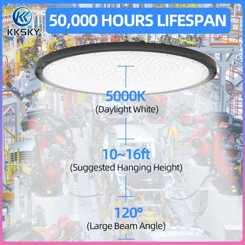 UFO LED high bay light 50000 hours lifespan, 5000K daylight white, 120° beam angle industrial ceiling lamp