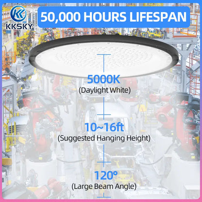 UFO LED high bay light 50000 hours lifespan, 5000K daylight white, 120° beam angle industrial ceiling lamp