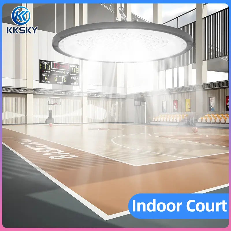 UFO LED high bay light for indoor sports court, bright commercial overhead ceiling lighting