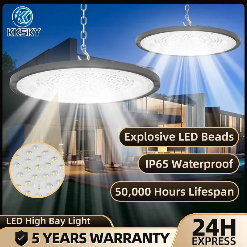 UFO LED high bay light hanging in warehouse, 5‑year warranty ready stock fast delivery industrial ceiling light