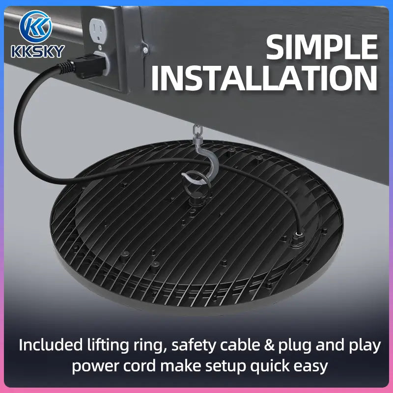 UFO LED high bay light simple hanging installation with lifting ring, safety cable and plug‑and‑play cord