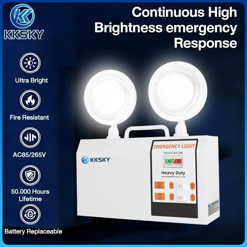 KKSKY heavy-duty emergency response dual-head LED light box in white, shown with product features listed on the left and promotional text on the right against a dark blue background.