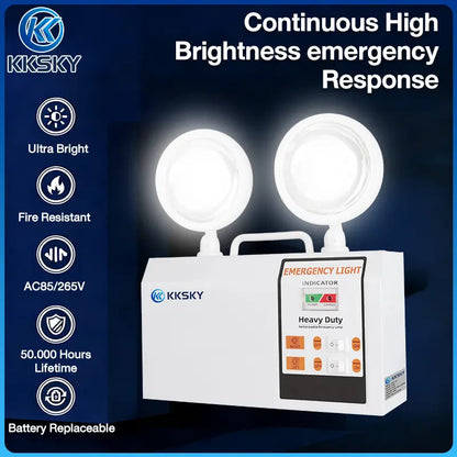 KKSKY heavy-duty emergency response dual-head LED light box in white, shown with product features listed on the left and promotional text on the right against a dark blue background.