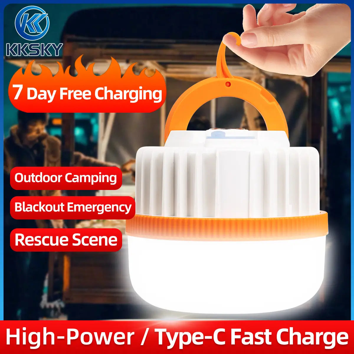 USB‑C fast charge portable LED camping light with hanging hook, 7‑day standby emergency lantern for camping blackout rescue scene
