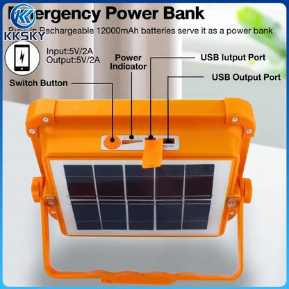 KKSKY solar camping light dual charging methods: solar panel charging & USB cable charging, built-in power bank to charge mobile phone