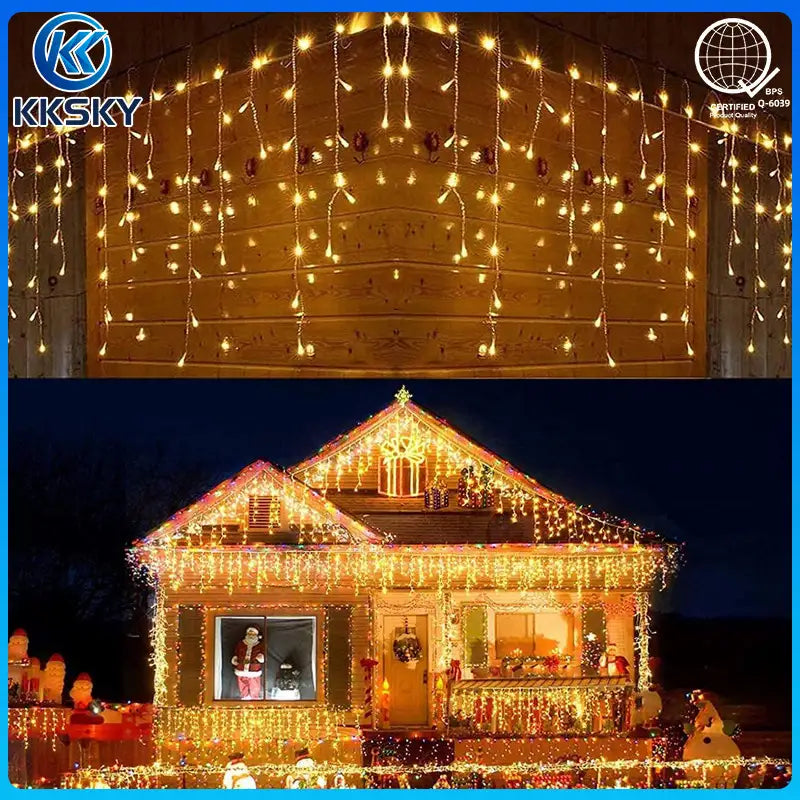 KKSKY LED icicle curtain string lights decorating residential house exterior for Christmas holiday season