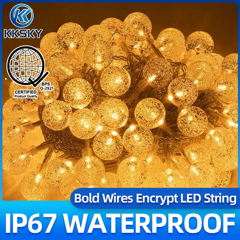 KKSKY warm white plug-in string lights, IP67 waterproof bold encrypt wire LED string lights for patio garden holiday ambient decoration