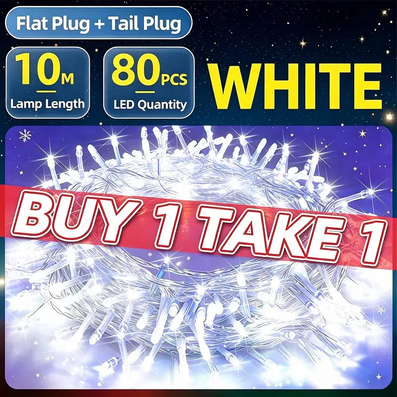 KKSKY white Christmas string lights 10m with 80 LED bulbs,extendable fairy lights holiday decoration,buy 1 take 1