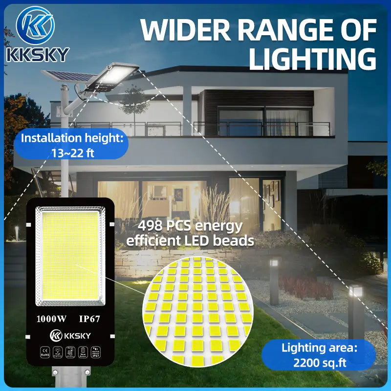 KKSKY wide lighting range 2200 sq.ft solar street light, 498pcs LED beads, installation height 13‑22ft for philippines home farm yard