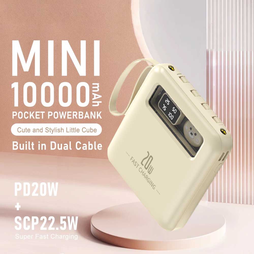 KKSKY Powerbank Mini 10000 Mah Fast Charging Pocket Type C Original Power Banks Android Iphone Built With 4 Calbes Cartoon Bear PD22.5W Led Digital Display Portable Yellow, Blue,Pink